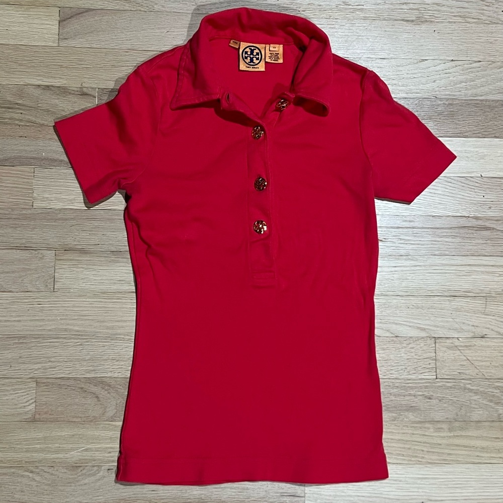 Tory Burch pink signature embossed polo top XS